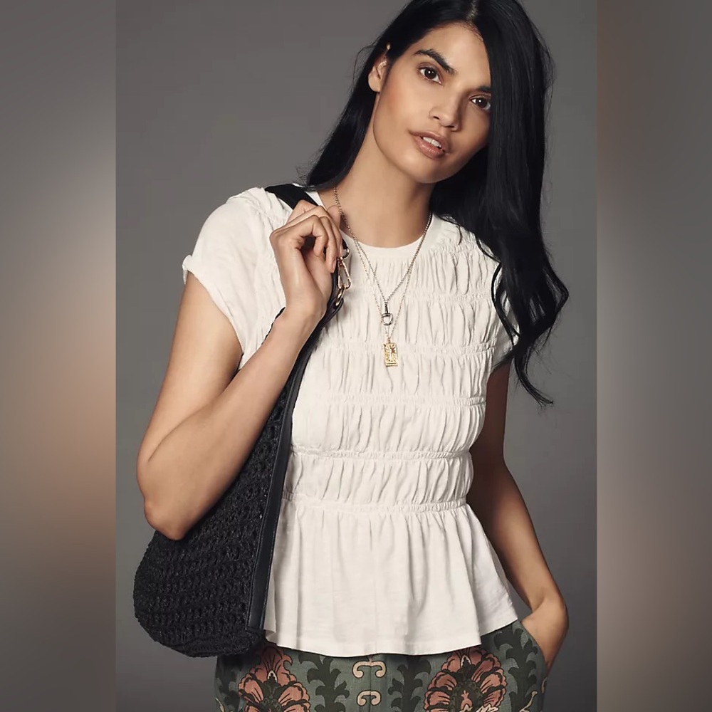 Pilcro White Smocked Short-Sleeve Peplum Top